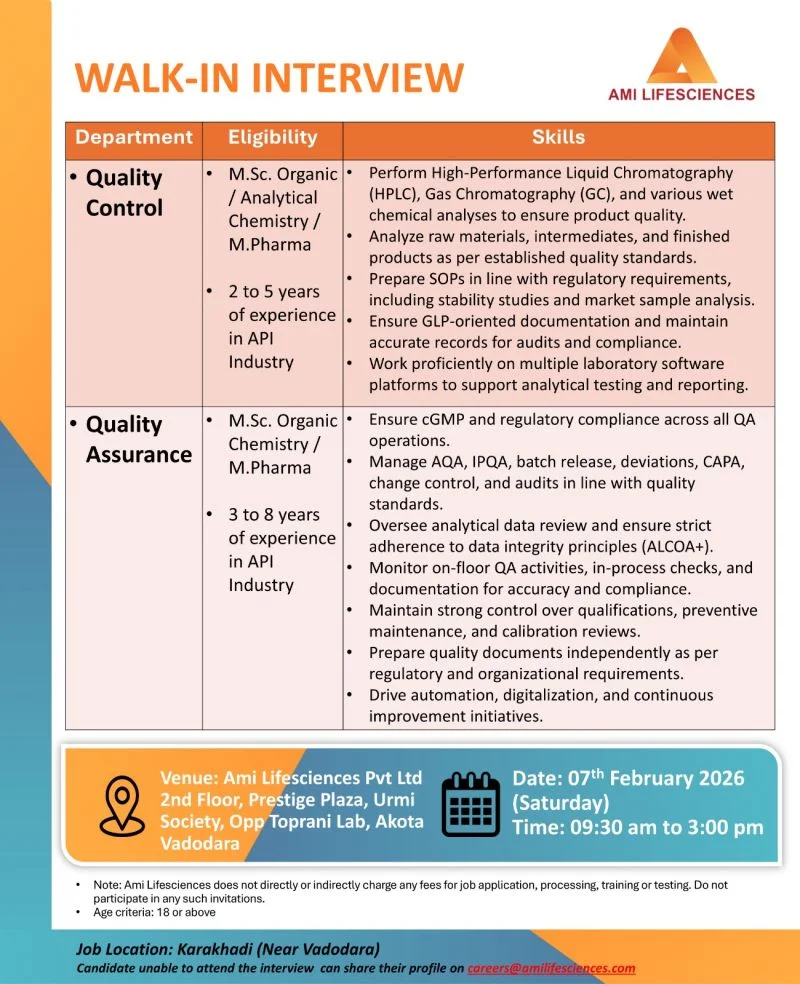 AMI Lifesciences Hiring QC QA Jobs in Vadodara